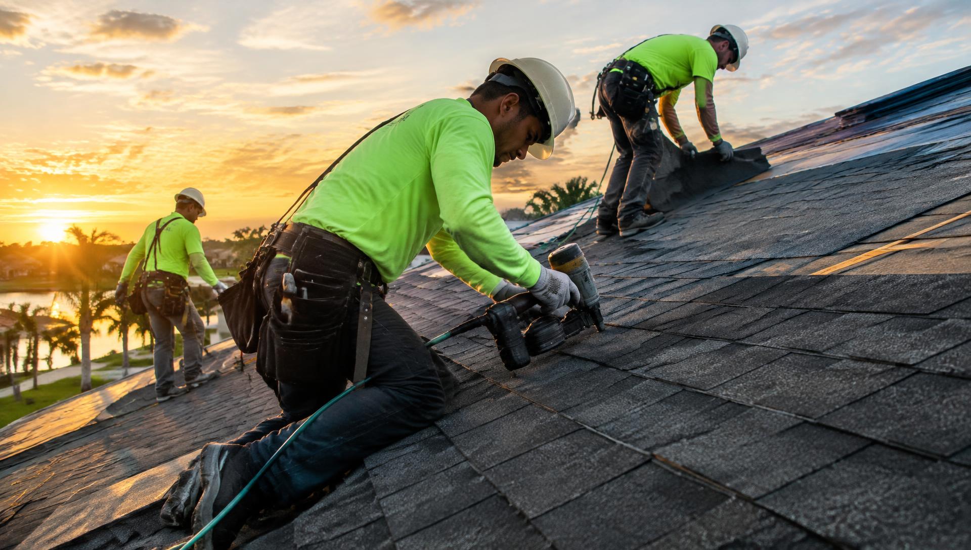 Roofing crew installing shingles