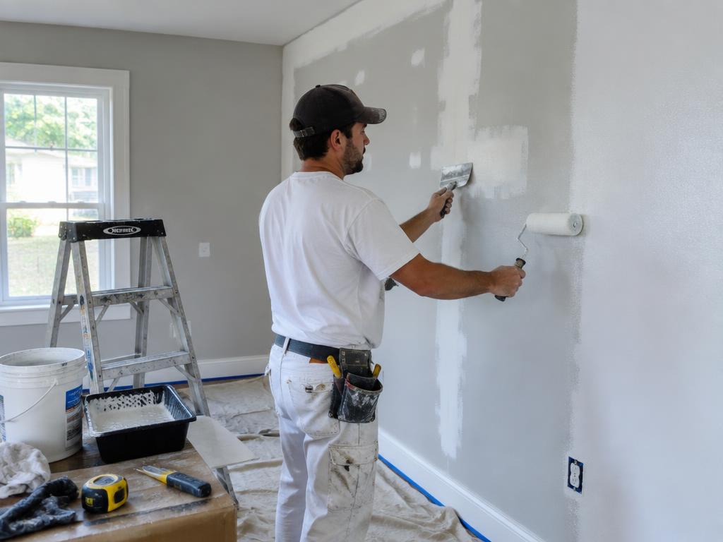 Contractor repairing and painting a wall